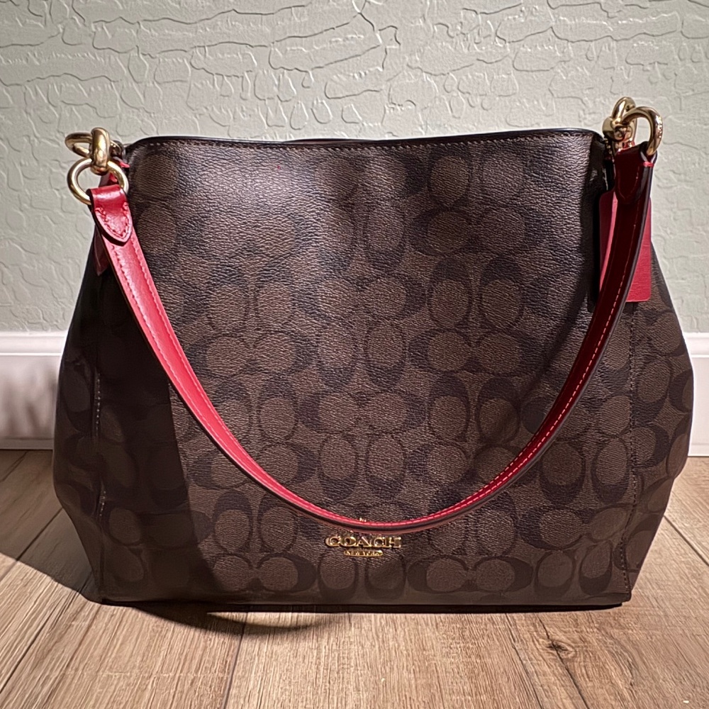 Coach 80298 Hallie Signature Canvas Shoulder Bag - Brown/True Red